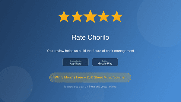 Bewerte die Chorilo App und hilf uns, noch besser zu werden
