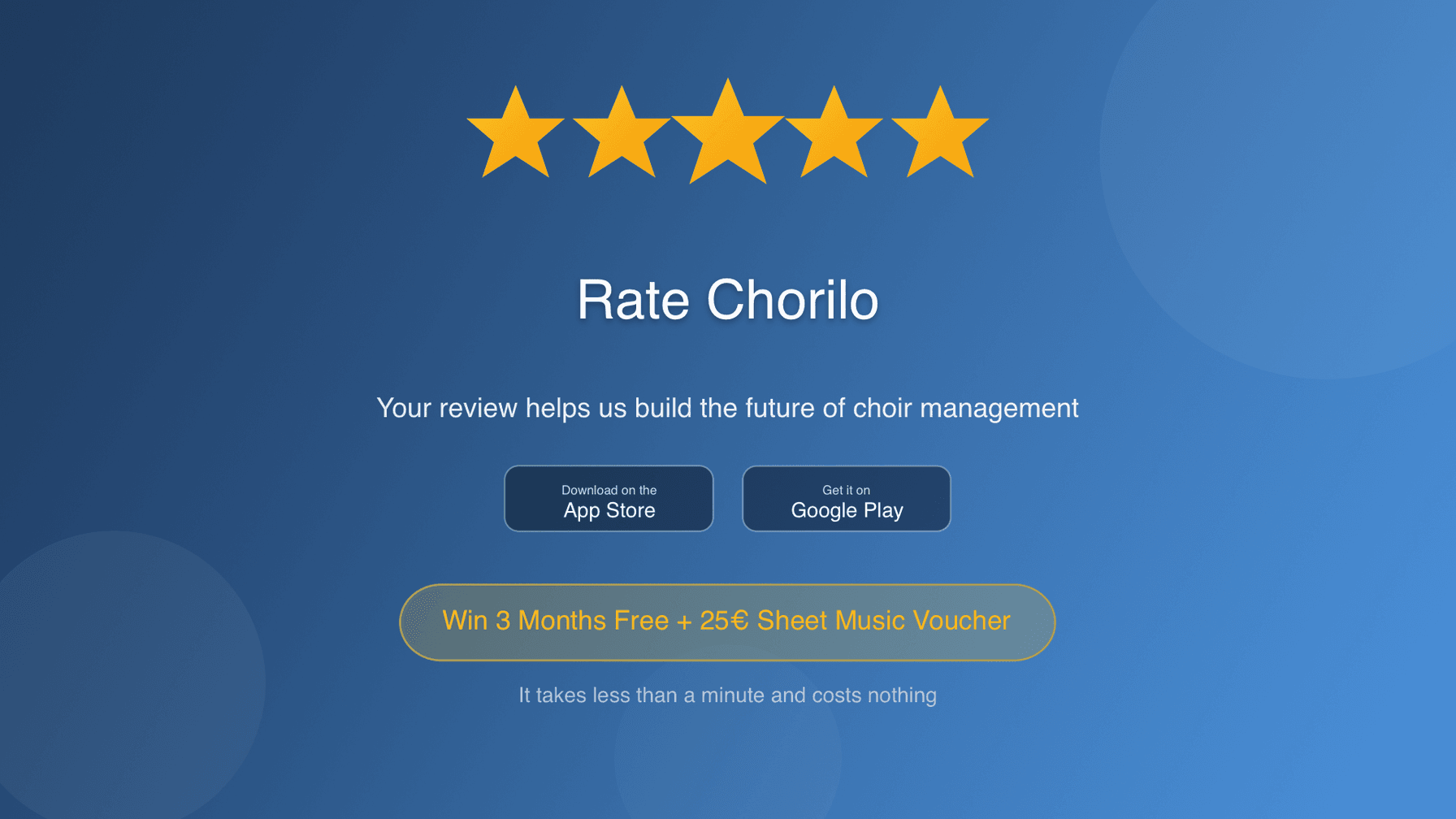 Bewerte die Chorilo App und hilf uns, noch besser zu werden