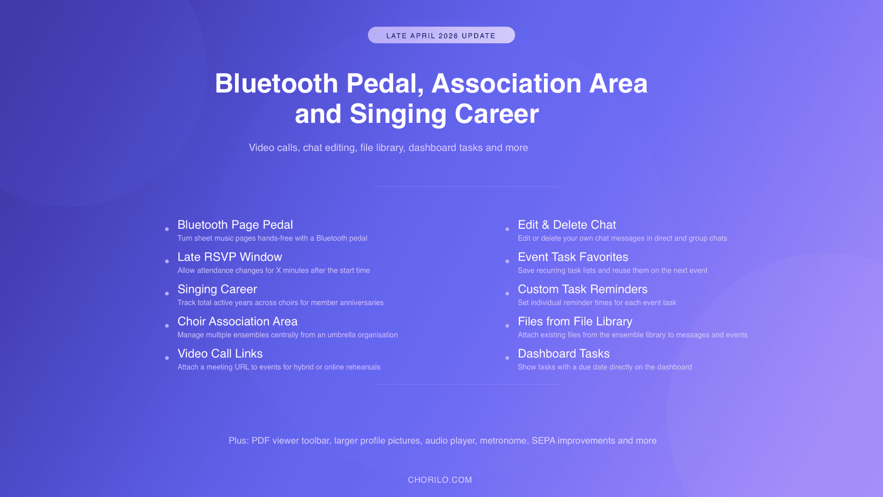Ende April 2026: Bluetooth-Pedal, Verband-Bereich und Sängerlaufbahn